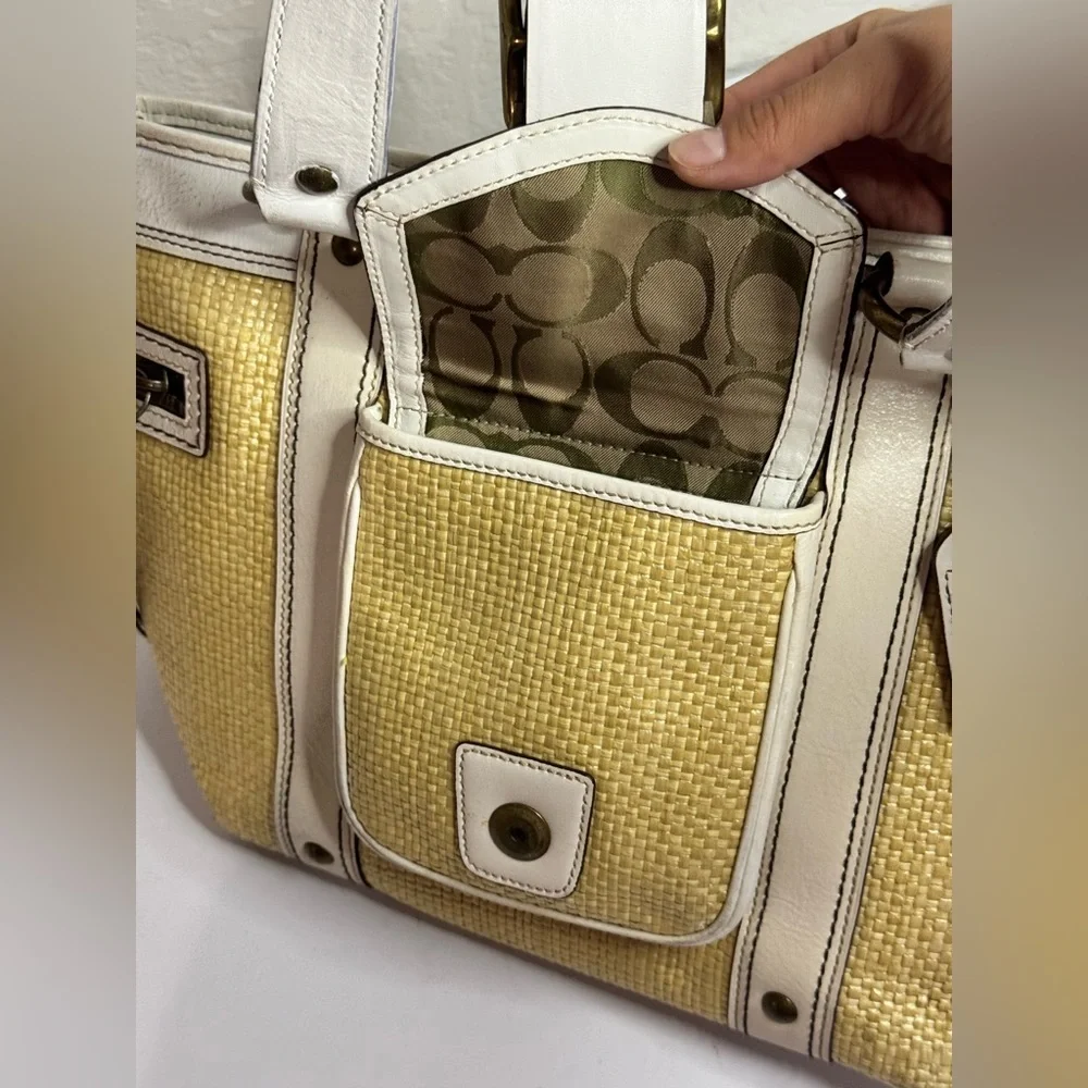 Vintage Y2K COACH White Leather Trim Tote Handbag LEGACY w Natural Straw Purse